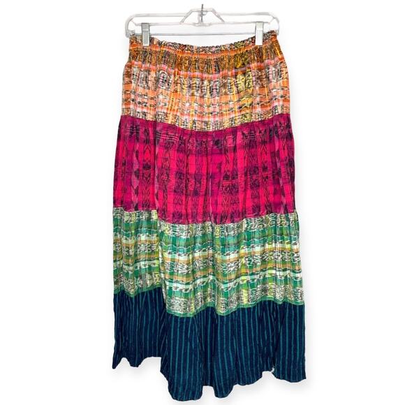 Handmade multicolored tiered a line less elasticated waist long skirt apprx sz M - Picture 1 of 6